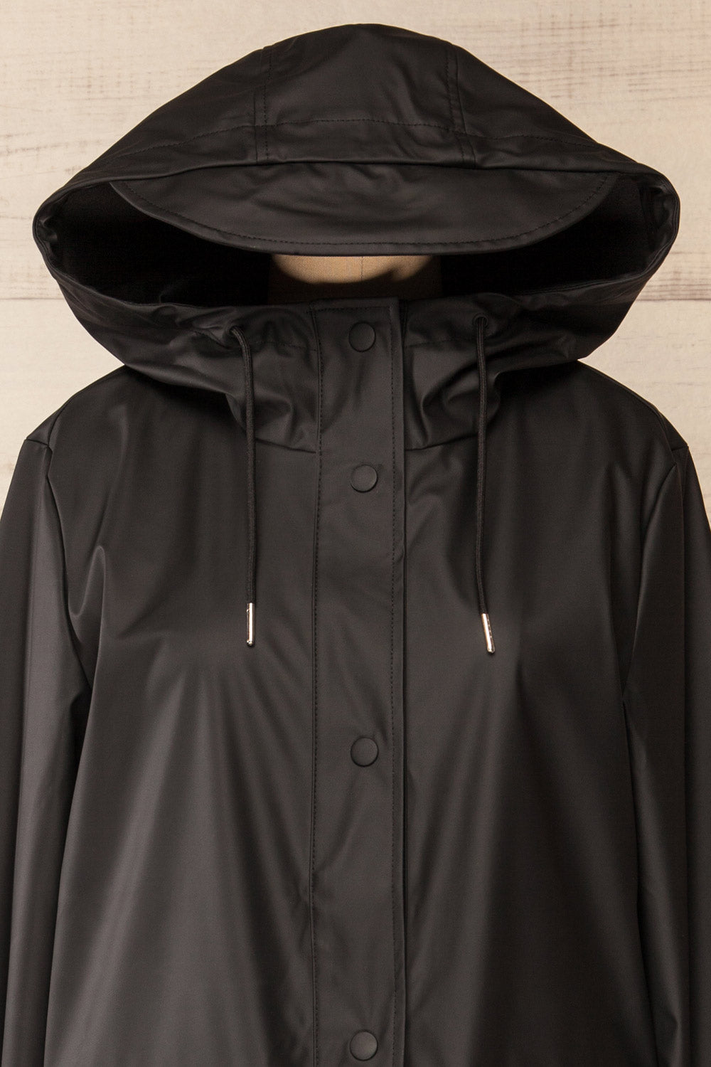 Rochester Black Button Up Hooded Raincoat | La petite garçonne hood close-up