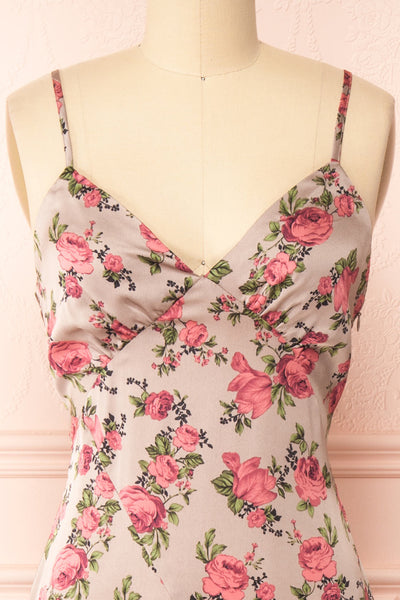 Rosalia Floral Satin Midi Dress w/ Fabric Belt | Boutique 1861 front close-up