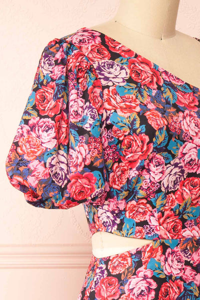 Rosaura Asymmetrical Floral Midi Dress | Boutique 1861 side close-up