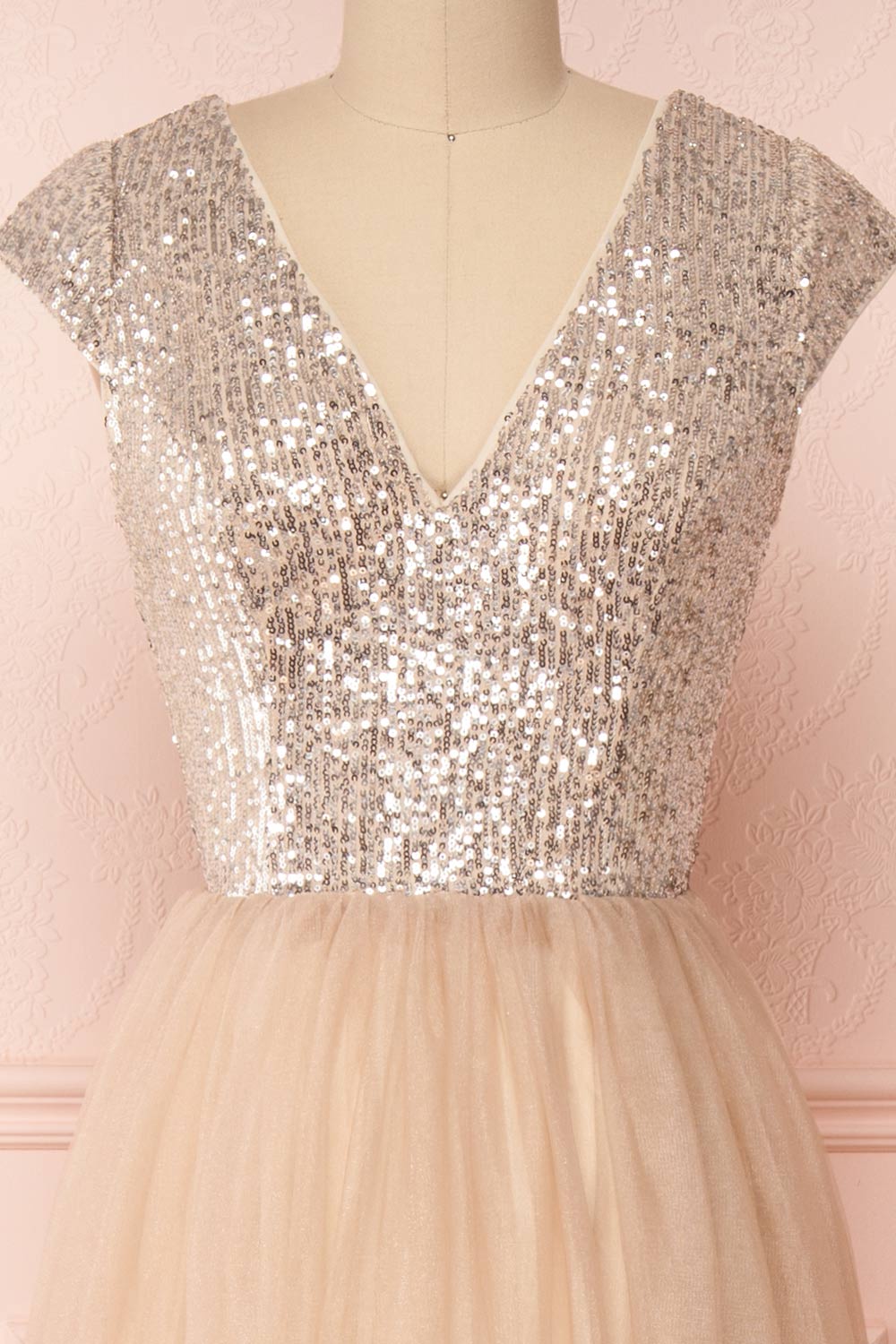 Rosina Taupe Sequins & Tulle Maxi Prom Dress | Boutique 1861  front close-up