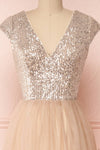 Rosina Taupe Sequins & Tulle Maxi Prom Dress | Boutique 1861  front close-up