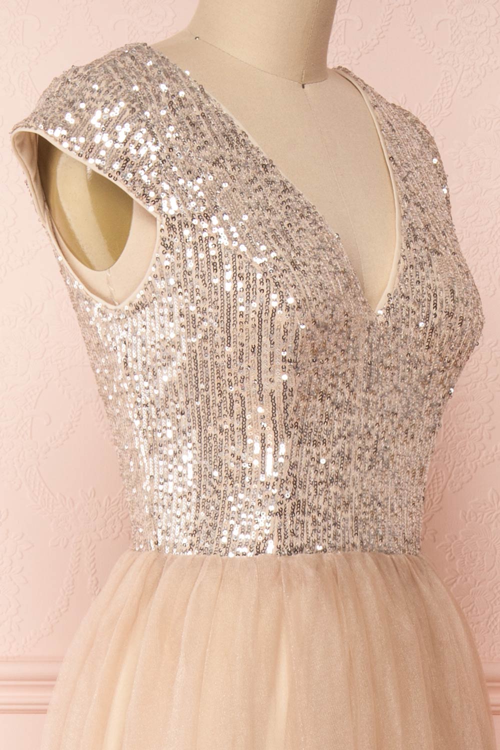 Rosina Taupe Sequins & Tulle Maxi Prom Dress | Boutique 1861  side close-up