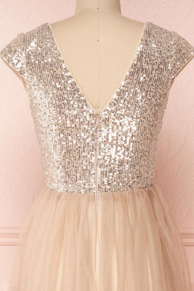 Rosina Taupe Sequins & Tulle Maxi Prom Dress | Boutique 1861  back close-up