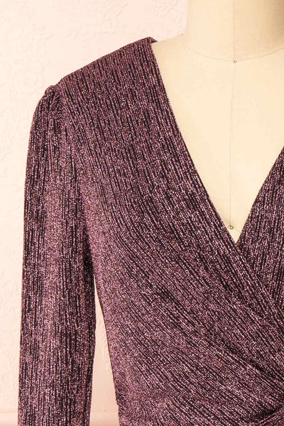 Rosyln Pink Metallic Wrap Mini Dress | Boutique 1861 front close-up