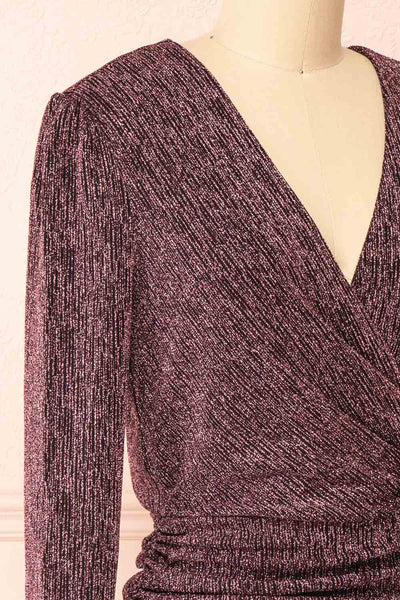 Rosyln Pink Metallic Wrap Mini Dress | Boutique 1861 side close-up