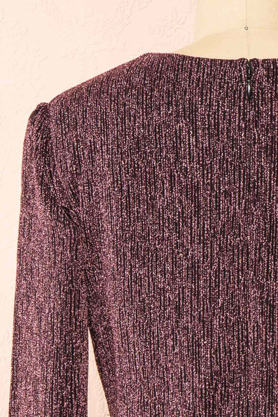 Rosyln Pink Metallic Wrap Mini Dress | Boutique 1861 back close-up