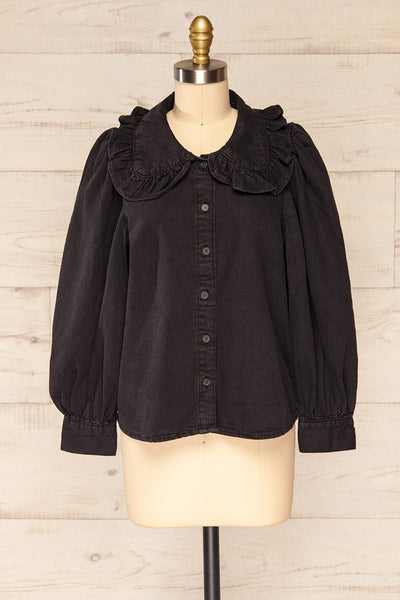 Rotterdam Black Denim Shirt w/ Exaggerated Ruffled Collar | La petite garçonne front view