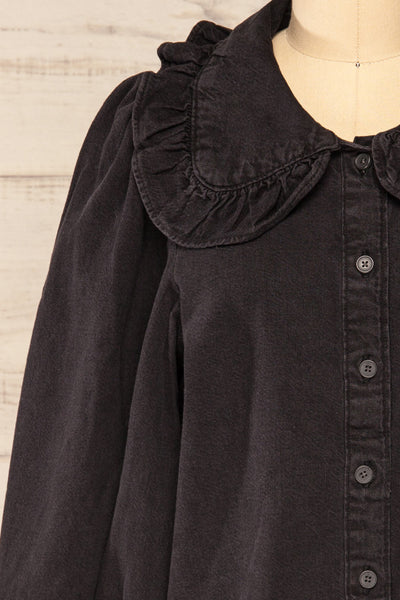 Rotterdam Black Denim Shirt w/ Exaggerated Ruffled Collar | La petite garçonne front close-up