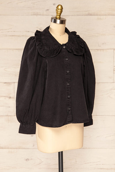 Rotterdam Black Denim Shirt w/ Exaggerated Ruffled Collar | La petite garçonne  side view