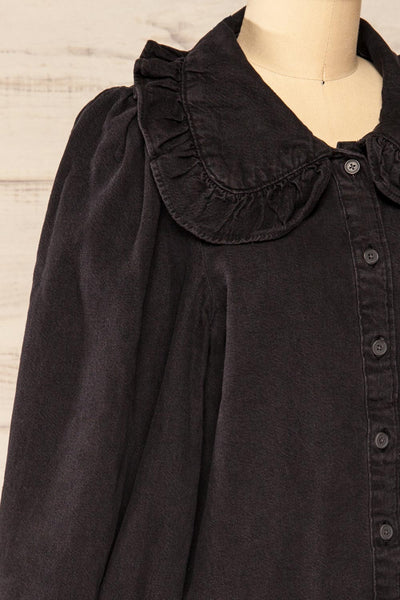 Rotterdam Black Denim Shirt w/ Exaggerated Ruffled Collar | La petite garçonne  side close-up