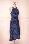 Roura Navy Blue Polka Dot Midi Halter Dress | Boutique 1861 side view