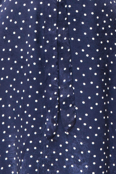Roura Navy Blue Polka Dot Midi Halter Dress | Boutique 1861 texture