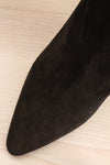 Roven Black Heeled Suede Ankle Boots | La petite garçonne flat close-up