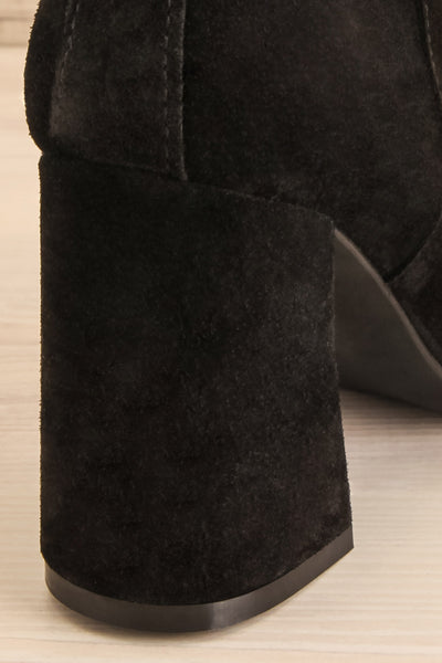 Roven Black Heeled Suede Ankle Boots | La petite garçonne back close-up