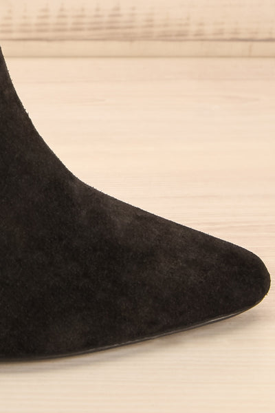 Roven Black Heeled Suede Ankle Boots | La petite garçonne side close-up