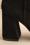 Roven Black Heeled Suede Ankle Boots | La petite garçonne side heel close-up