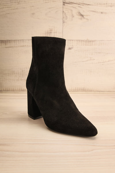 Roven Black Heeled Suede Ankle Boots | La petite garçonne front view