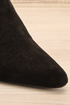 Roven Black Heeled Suede Ankle Boots | La petite garçonne front close-up