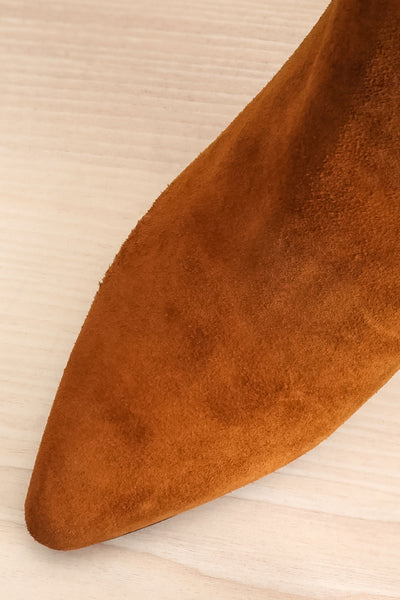 Roven Tan Heeled Suede Ankle Boots | La petite garçonne flat close-up