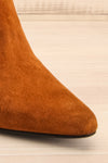 Roven Tan Heeled Suede Ankle Boots | La petite garçonne front close-up