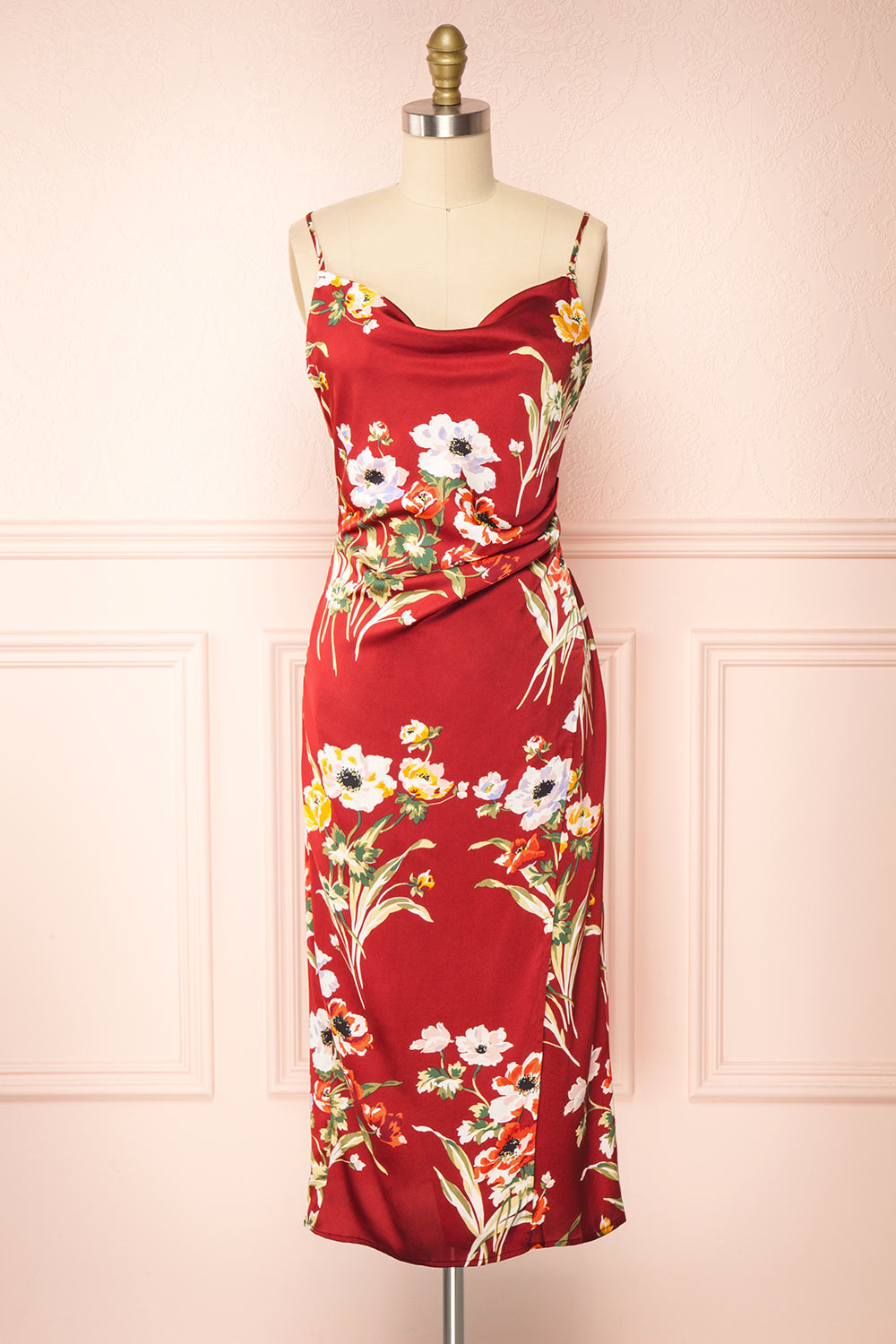 Roxanna Red Cowl Neck Floral Satin Slip Dress Cowl | Boutique 1861 front view
