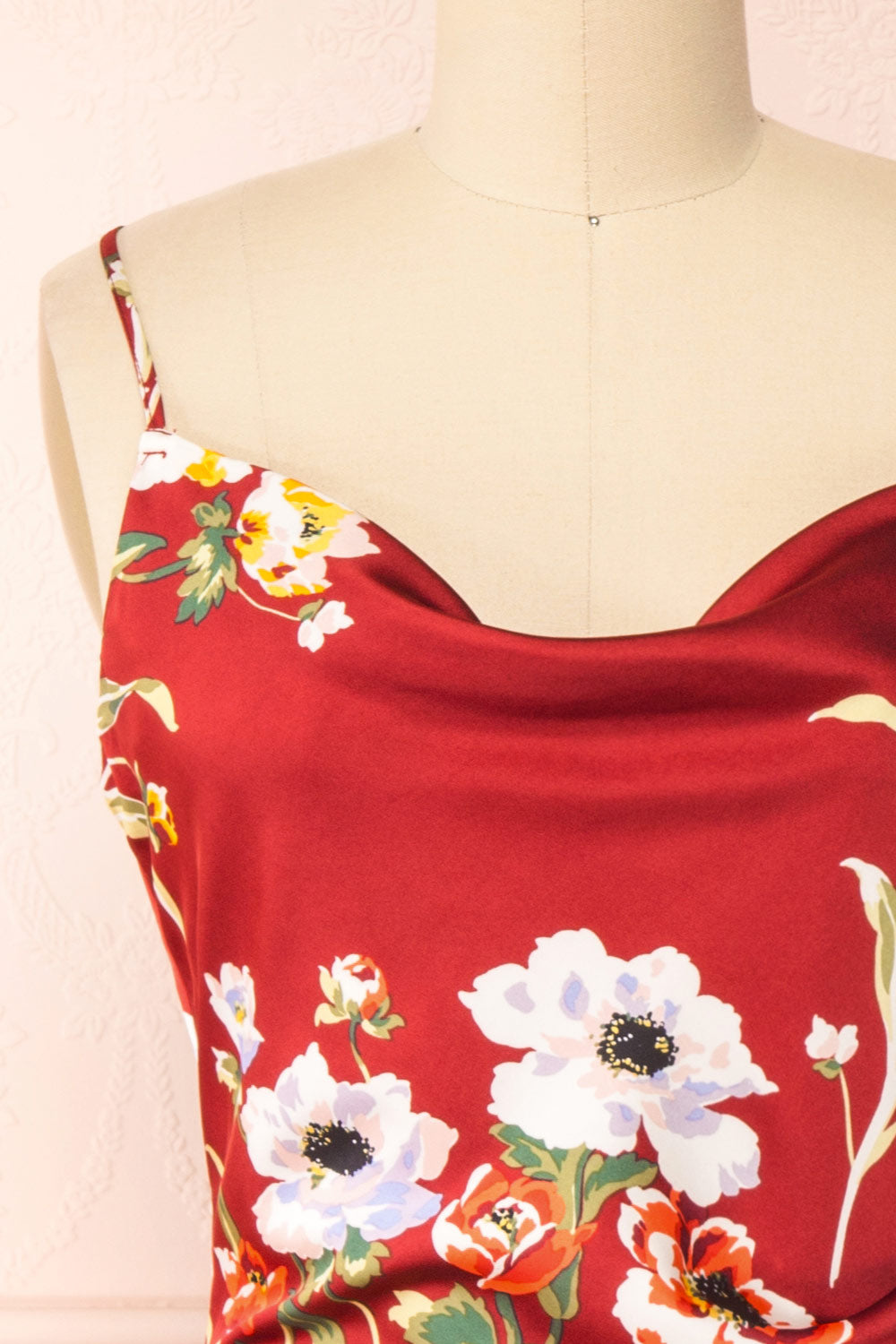 Roxanna Red Cowl Neck Floral Satin Slip Dress Cowl | Boutique 1861 front close-up