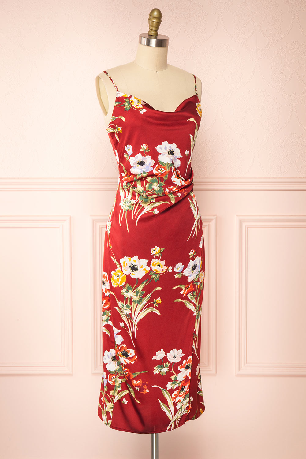 Roxanna Red Cowl Neck Floral Satin Slip Dress Cowl | Boutique 1861 side view