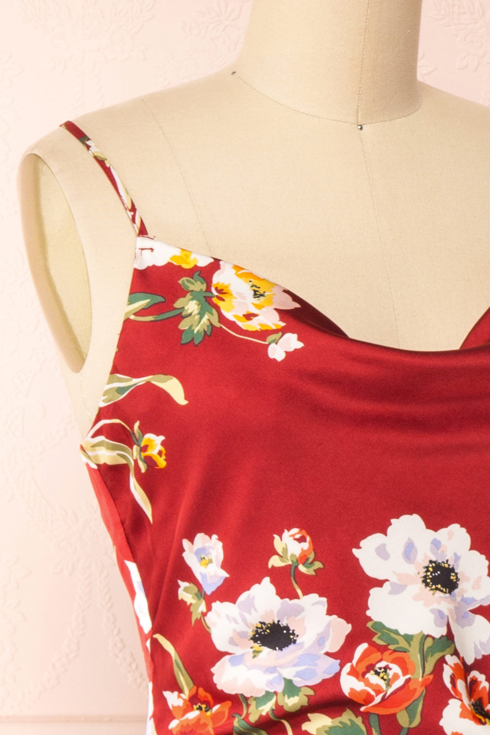 Roxanna Red Cowl Neck Floral Satin Slip Dress Cowl | Boutique 1861 side close-up