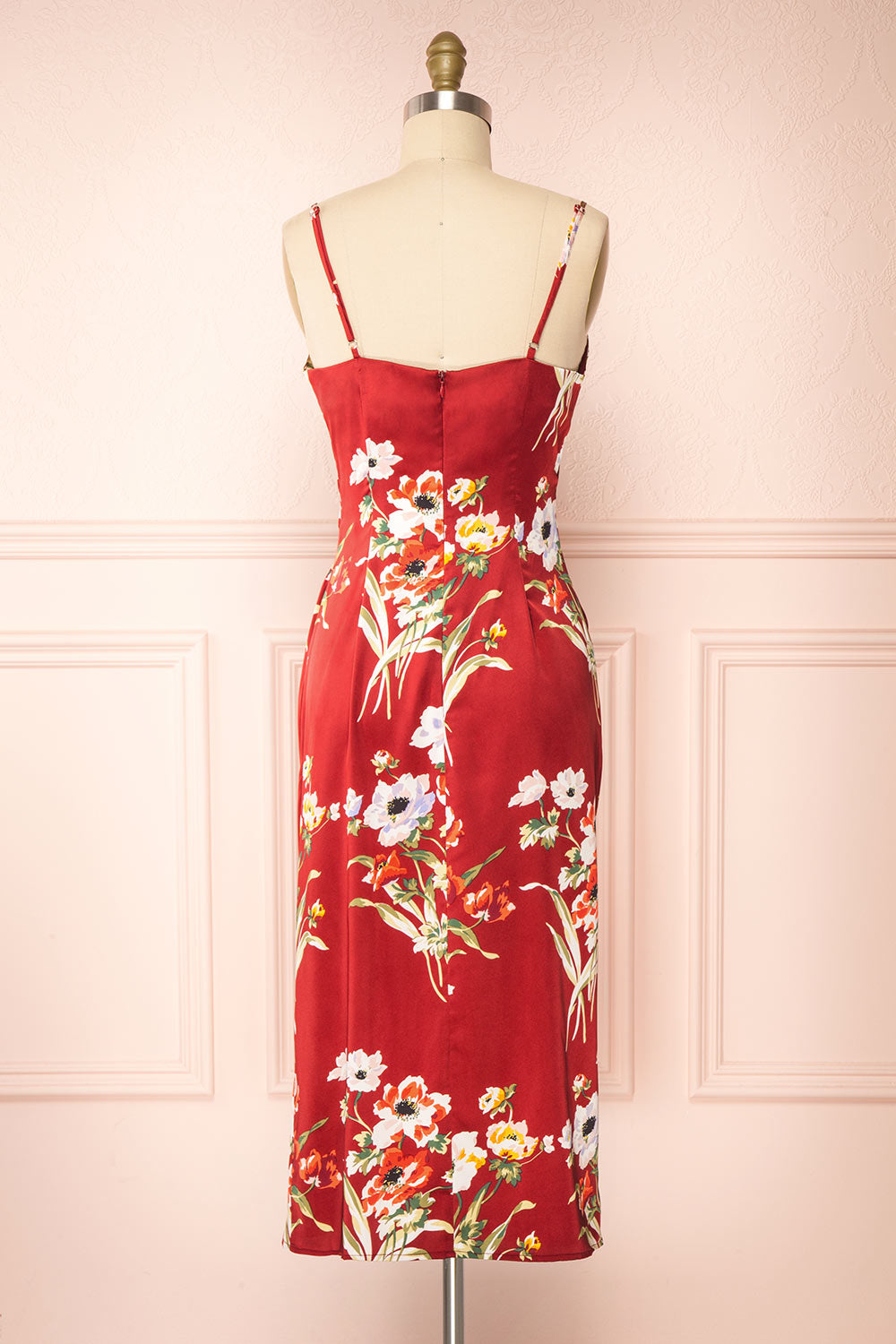 Roxanna Red Cowl Neck Floral Satin Slip Dress Cowl | Boutique 1861 back view