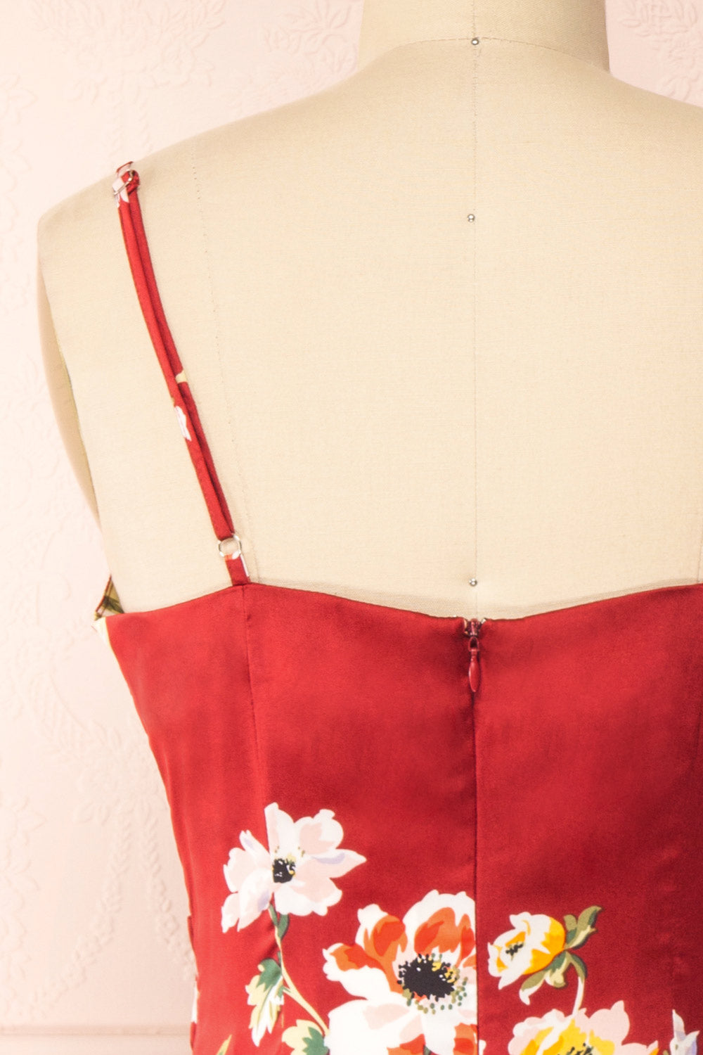 Roxanna Red Cowl Neck Floral Satin Slip Dress Cowl | Boutique 1861 back close-up