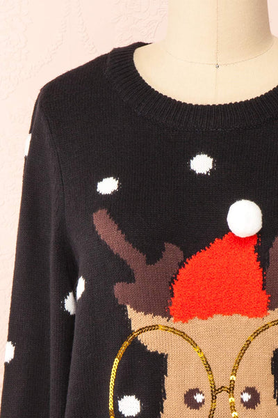 Rudolph Black Knit Christmas Sweater | Boutique 1861 front  close-up