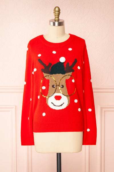 Rudolph Red Knit Christmas Sweater | Boutique 1861 front view