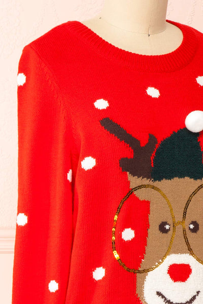 Rudolph Red Knit Christmas Sweater | Boutique 1861 side close-up