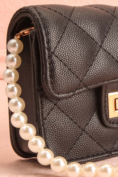 Ruth Black | Small Clutch Bag w/ Pearl Strap side close-up