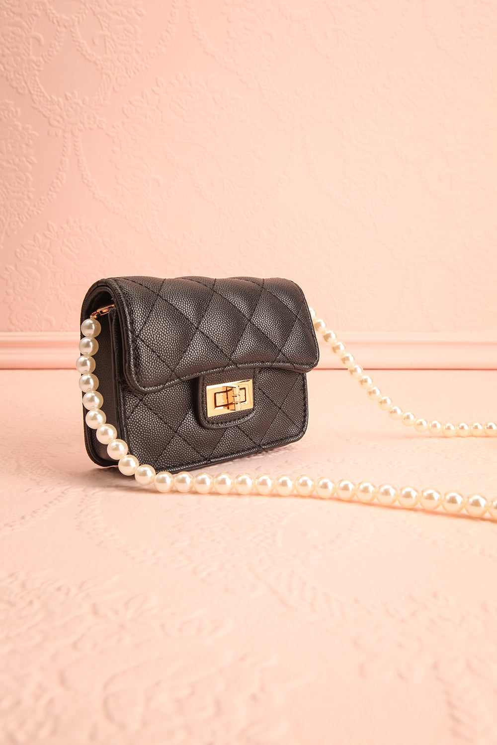 Ruth Black | Small Clutch Bag w/ Pearl Strap side view 