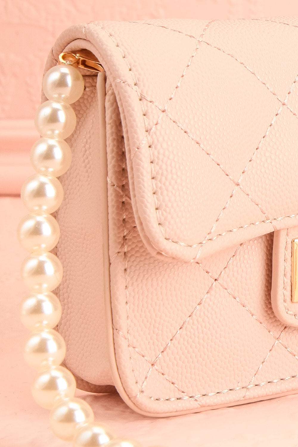 Ruth Blush Small Clutch Bag w/ Pearl Strap | Boutique 1861 side close-up