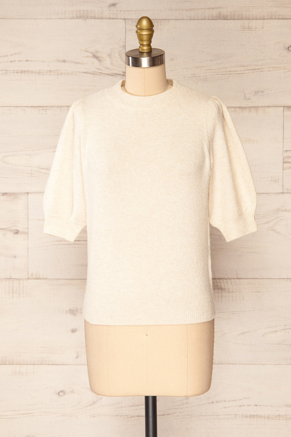 Rutril Beige Soft Knit Top w/ Puff Sleeves | La petite garçonne front view