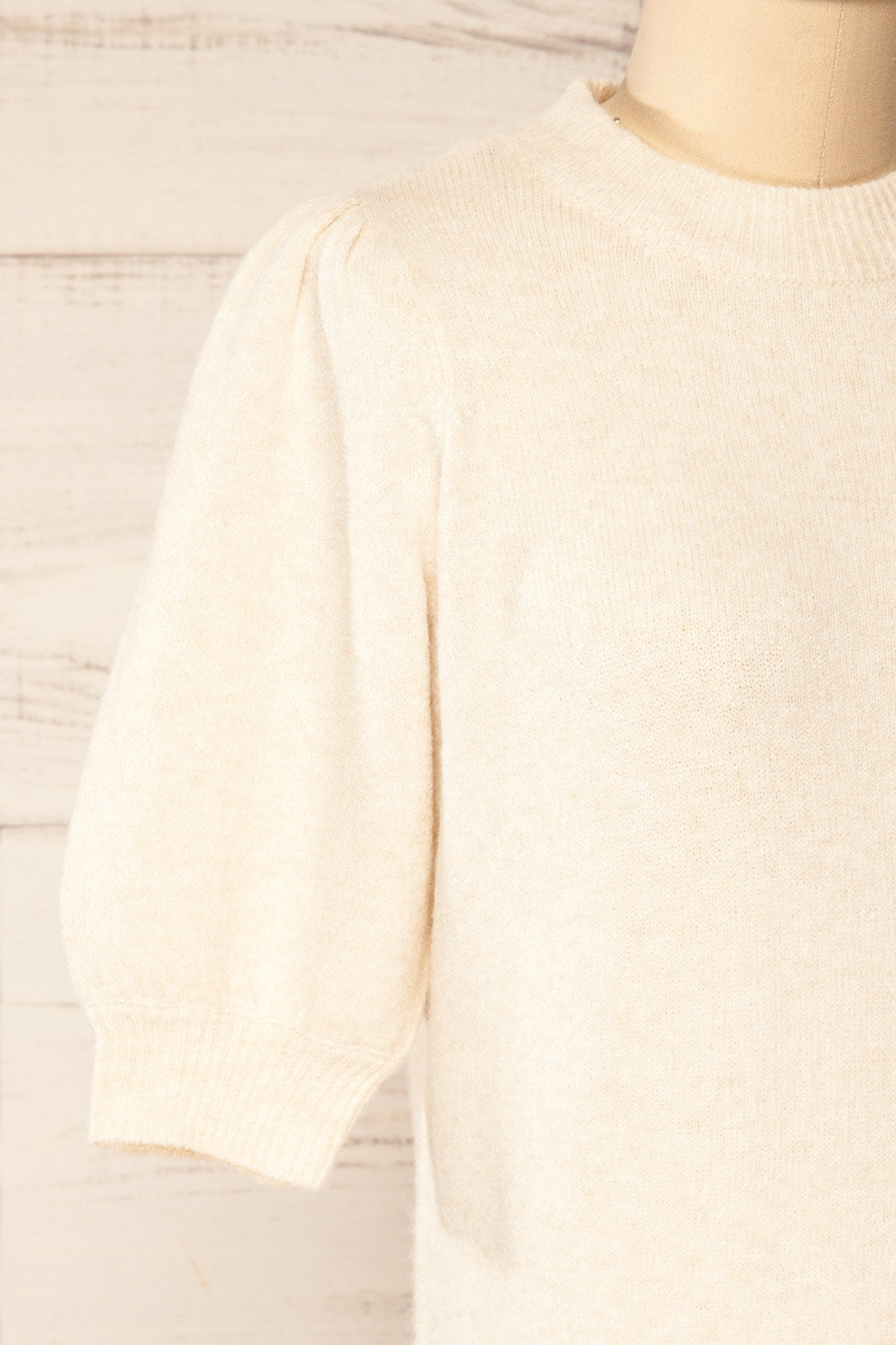 Rutril Beige Soft Knit Top w/ Puff Sleeves | La petite garçonne  side close-up