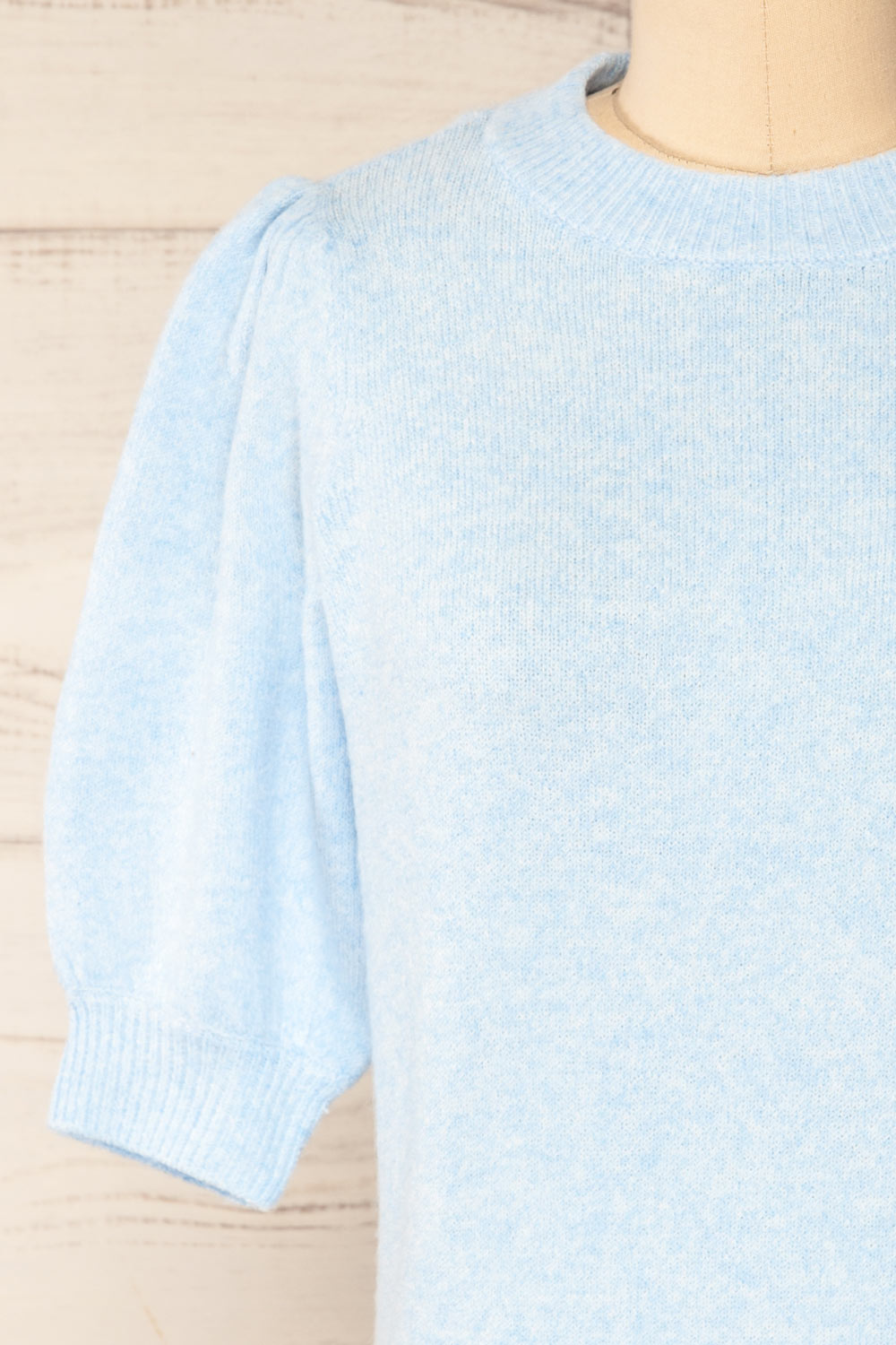 Rutril Blue Soft Knit Top w/ Puff Sleeves | La petite garçonne  front close-up