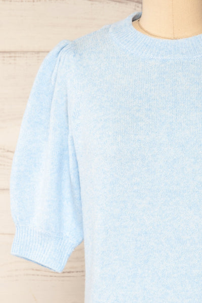 Rutril Blue Soft Knit Top w/ Puff Sleeves | La petite garçonne  front close-up
