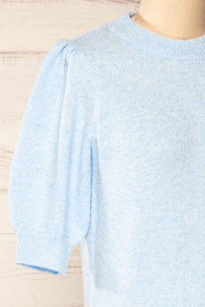 Rutril Blue Soft Knit Top w/ Puff Sleeves | La petite garçonne  side close-up