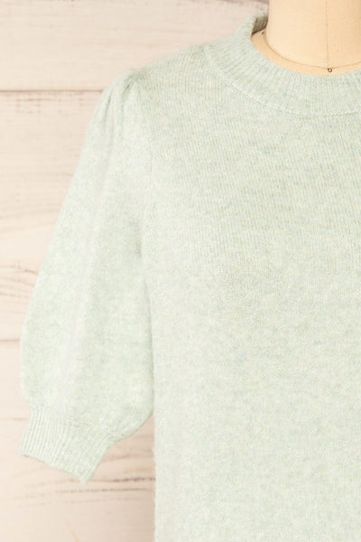 Rutril Mint Soft Knit Top w/ Puff Sleeves | La petite garçonne  front close-up