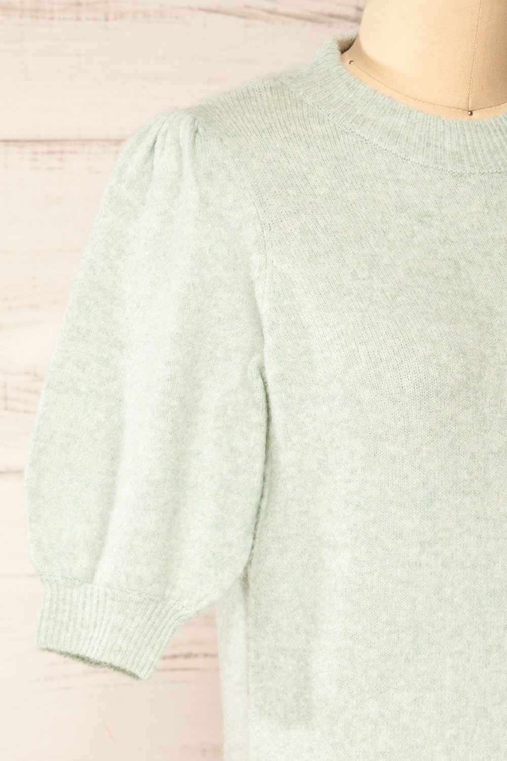 Rutril Mint Soft Knit Top w/ Puff Sleeves | La petite garçonne side close-up