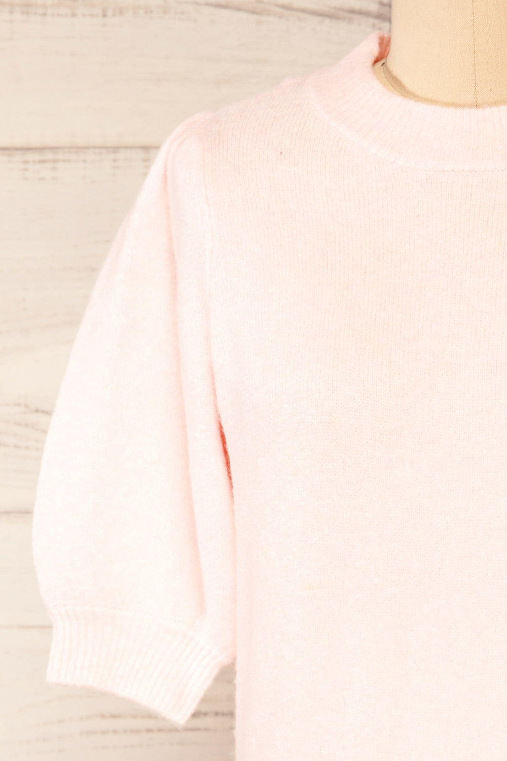 Rutril Pink Soft Knit Top w/ Puff Sleeves | La petite garçonne front close-up