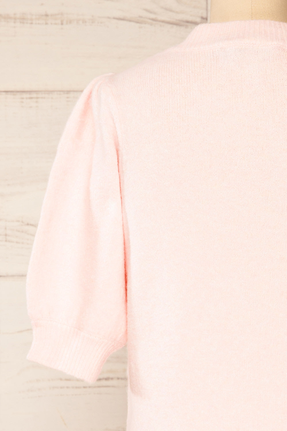 Rutril Pink Soft Knit Top w/ Puff Sleeves | La petite garçonne back close-up