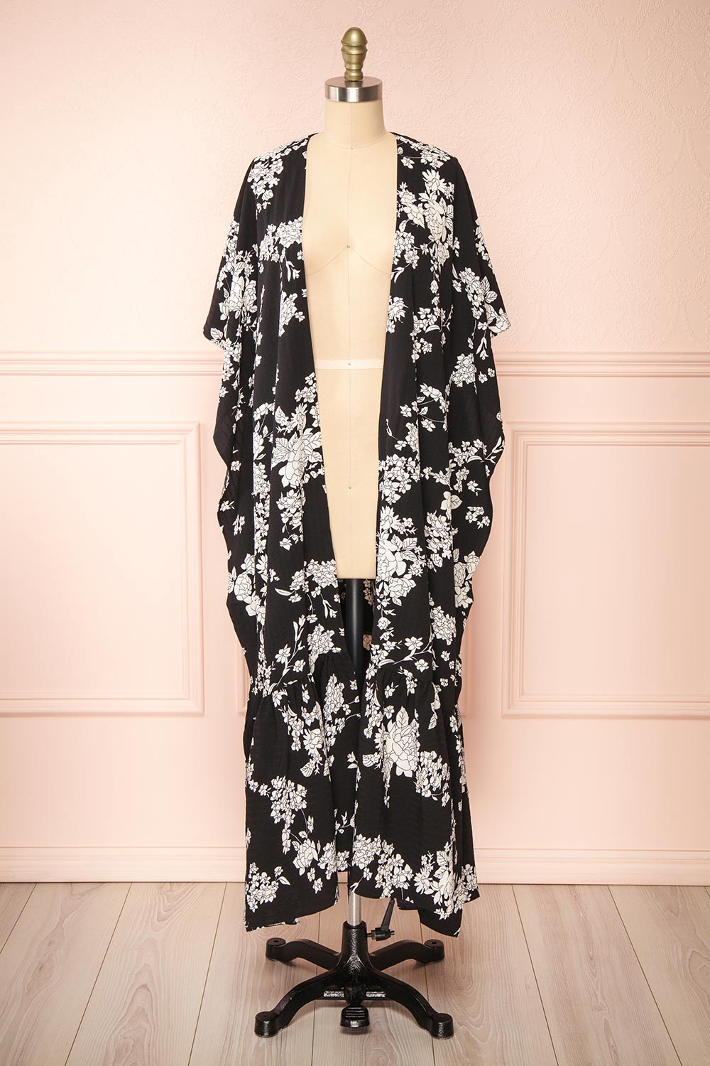 Rutta Black Floral Kimono w/ Ruffles | Boutique 1861 front view 