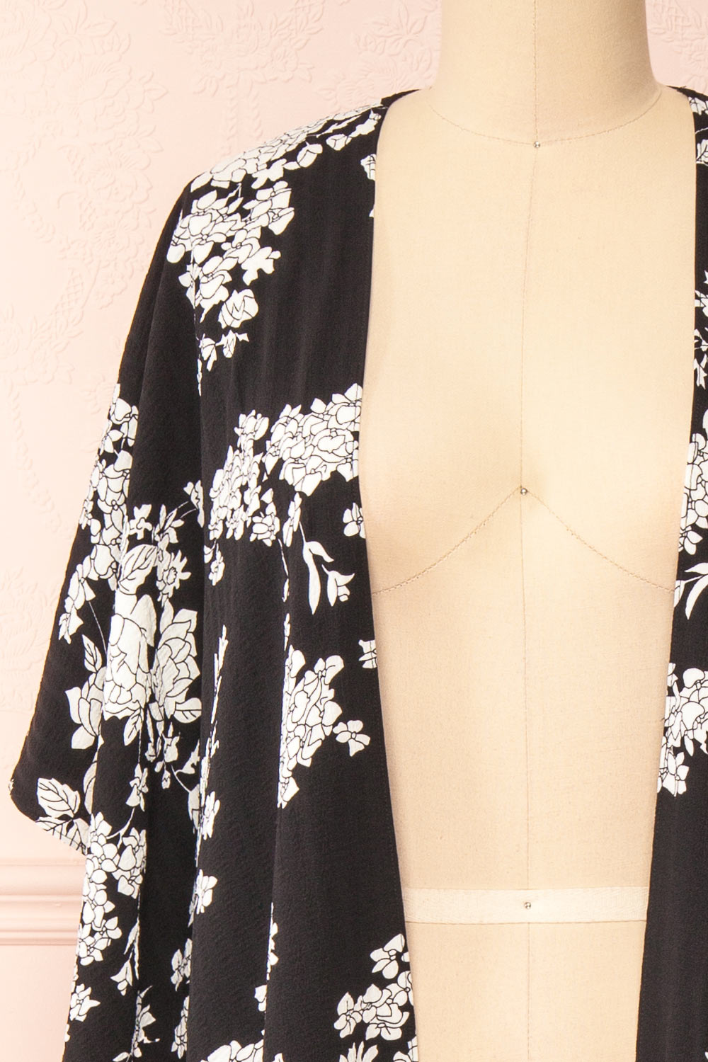 Rutta Black Floral Kimono w/ Ruffles | Boutique 1861 front close-up