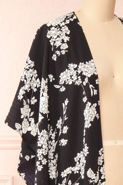 Rutta Black Floral Kimono w/ Ruffles | Boutique 1861 side close-up