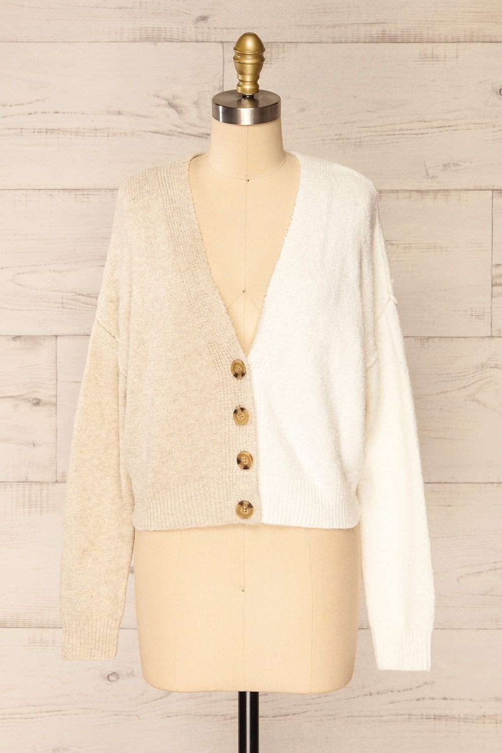 Rydultowy Beige Soft Knit V-Neck Cardigan | La petite garçonne front view