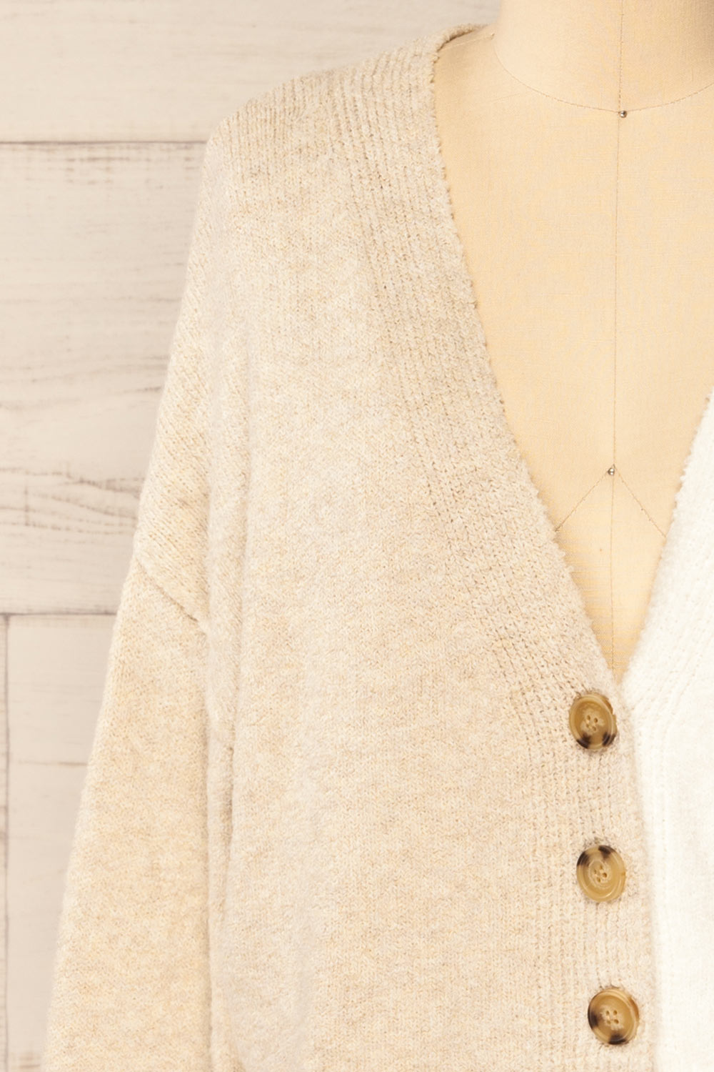 Rydultowy Beige Soft Knit V-Neck Cardigan | La petite garçonne front close-up